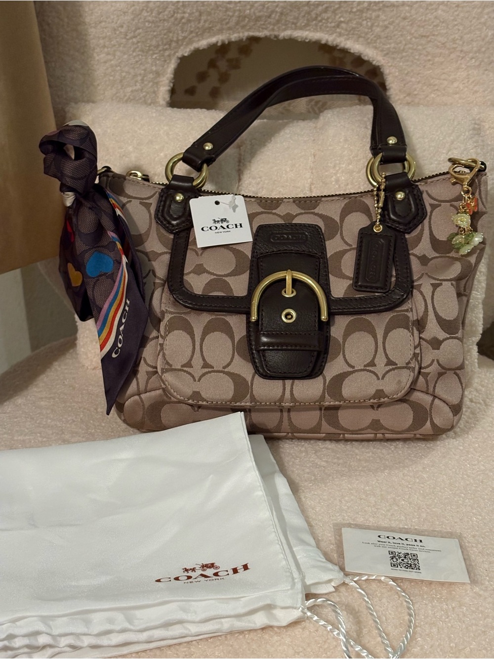 COACH Tan Signature Canvas Satchel with Dark Brown Leather Trim
